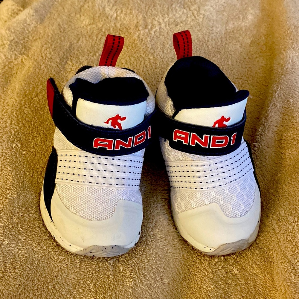 Baby/Toddler size 3, And 1, high top sneakers! White, red, and navy blue